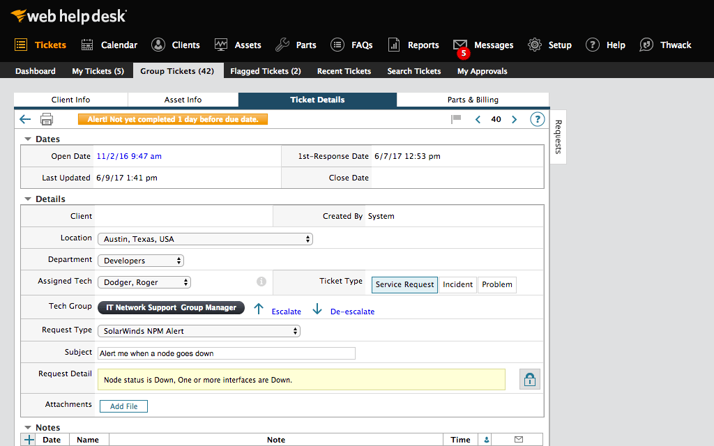 A screenshot of the SolarWinds dashboard, showing the software's powerful and customizable interface for managing customer support requests
