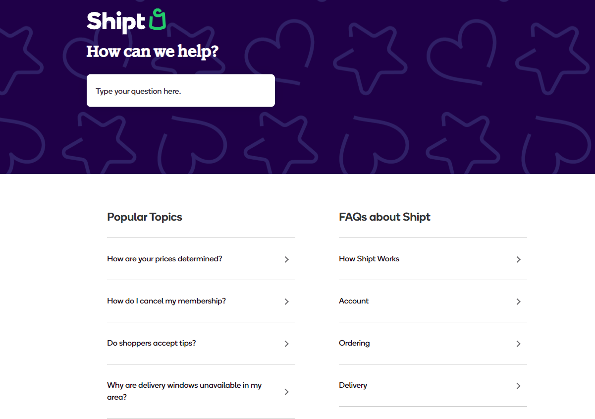 Example SaaS knowledge base from Helpjuice customer Shipt